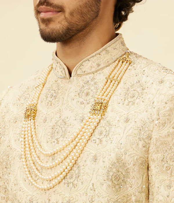 Cream Maroon Floral Trellis Patterned Sherwani Set