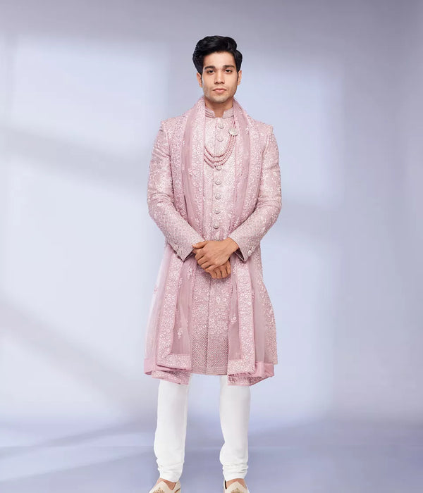 Dusty Pink Bel Buti Patterned Sherwani Set
